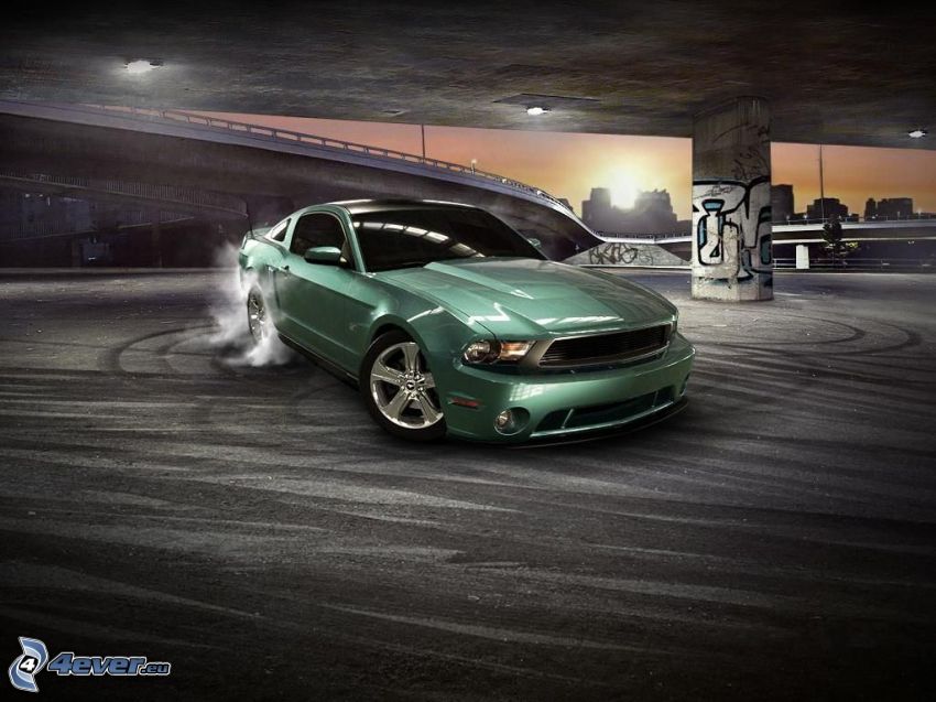 Ford Mustang, burnout, füst, a híd alatt