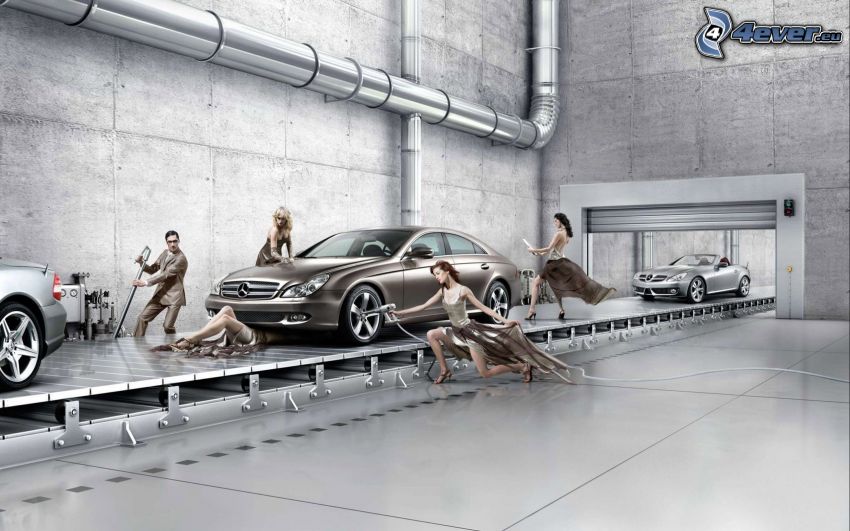 Mercedes-Benz, gyár, nők, férfi öltönyben