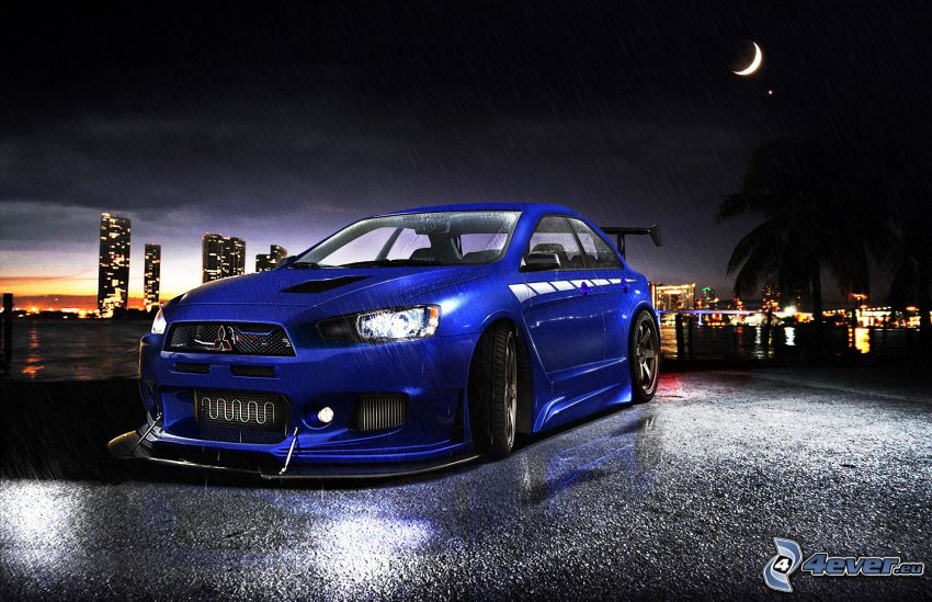 Mitsubishi Lancer Evolution X, éjszaka, eső