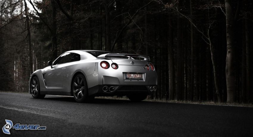 Nissan GTR, út, sötét erdő