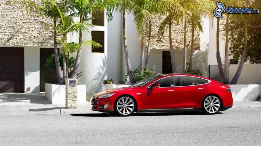 Tesla Model S, elektromos autó, pálmafák