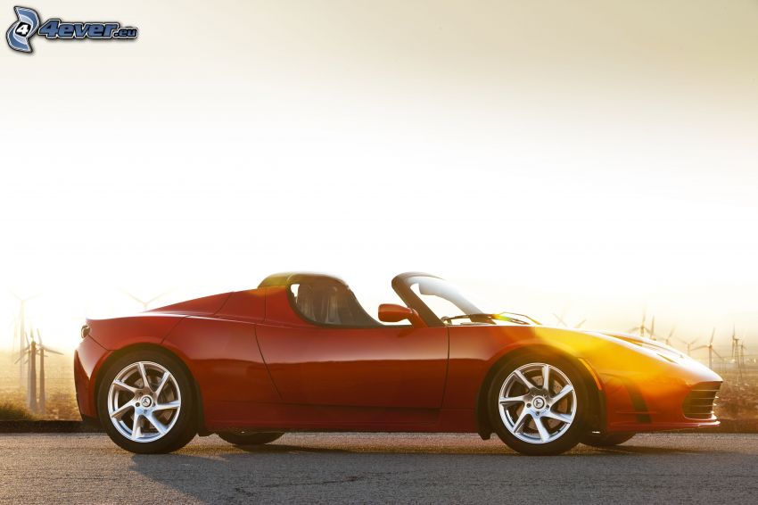 Tesla Roadster, kabrió, elektromos autó, napnyugta
