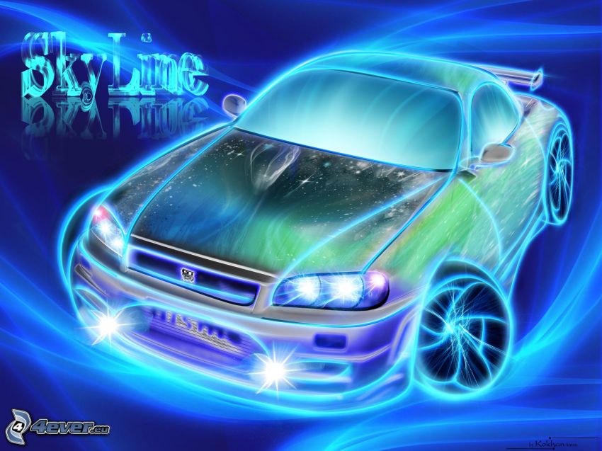 Nissan Skyline, neon, rajzolt autó