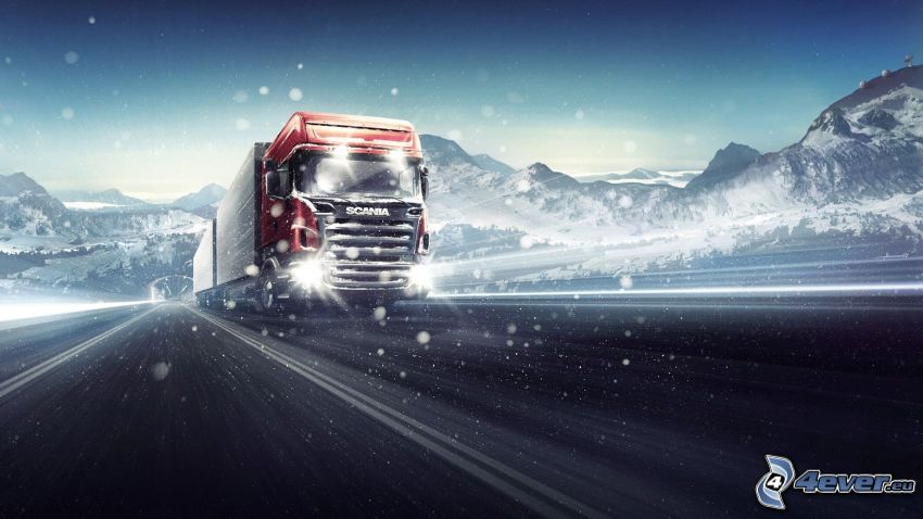 Scania, teherautó, havas hegyek