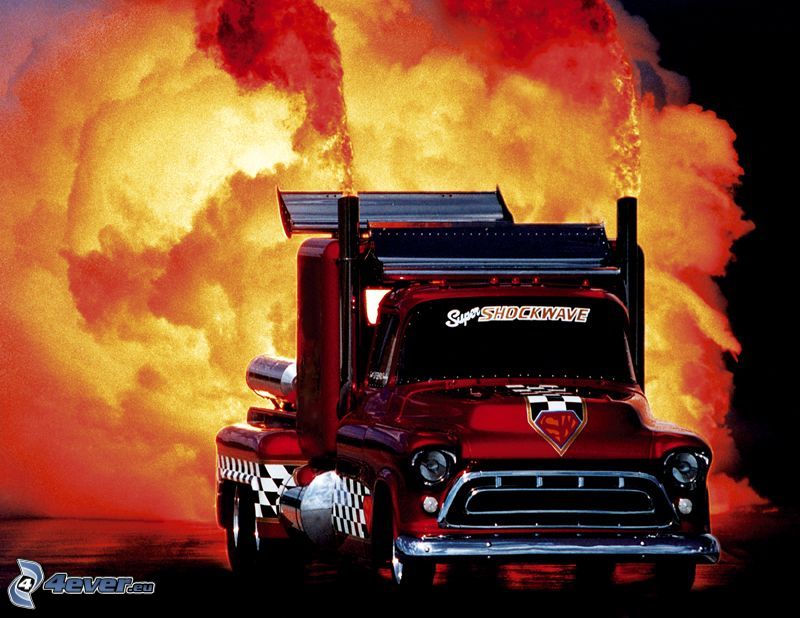 teherautó, tűz, füst