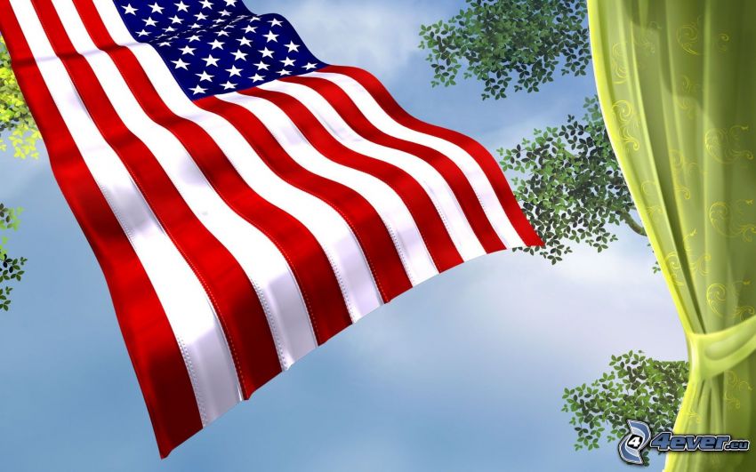 amerikai zászló, levelek, függöny
