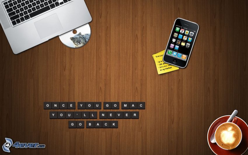 Apple, MacBook, iPhone, CD, kávé, logo