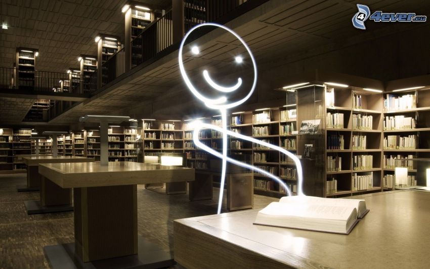 figura, könyvtár, lightpainting