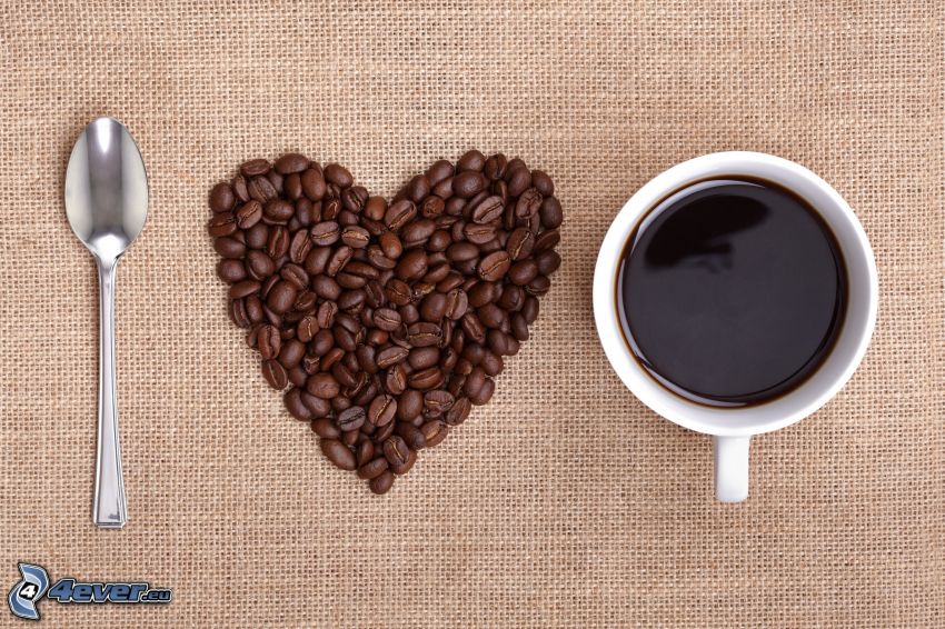 I love coffee, kávészemek, szivecske, csésze kávé, kanál