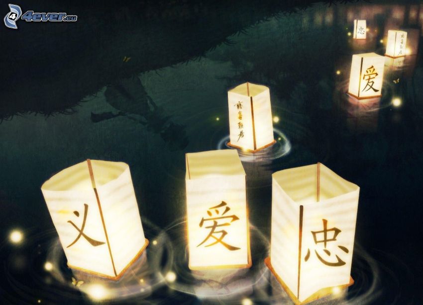 lámpások, víz, kínai jelek