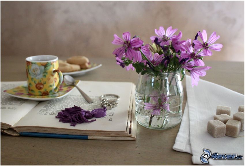 mezei virágok, könyv, egy csésze tea