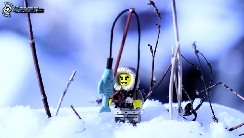 pálcikaember, hó, halászat, Lego