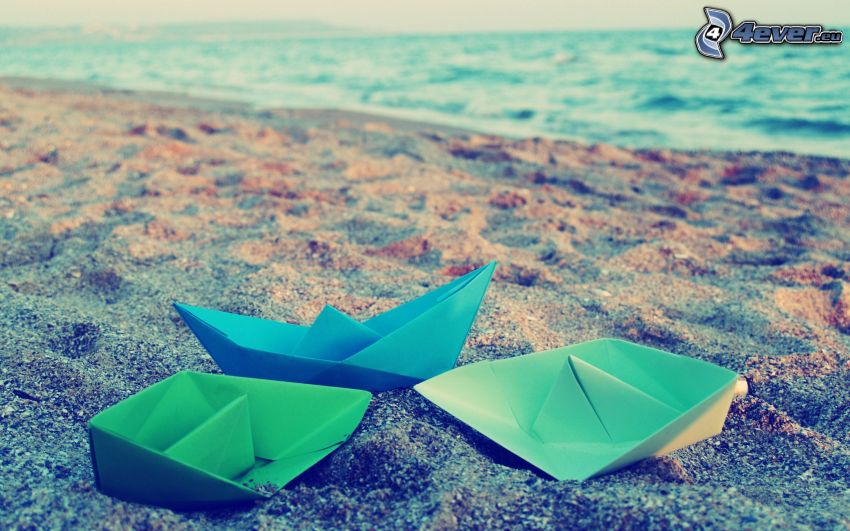 papírhajók, strand, tenger, origami