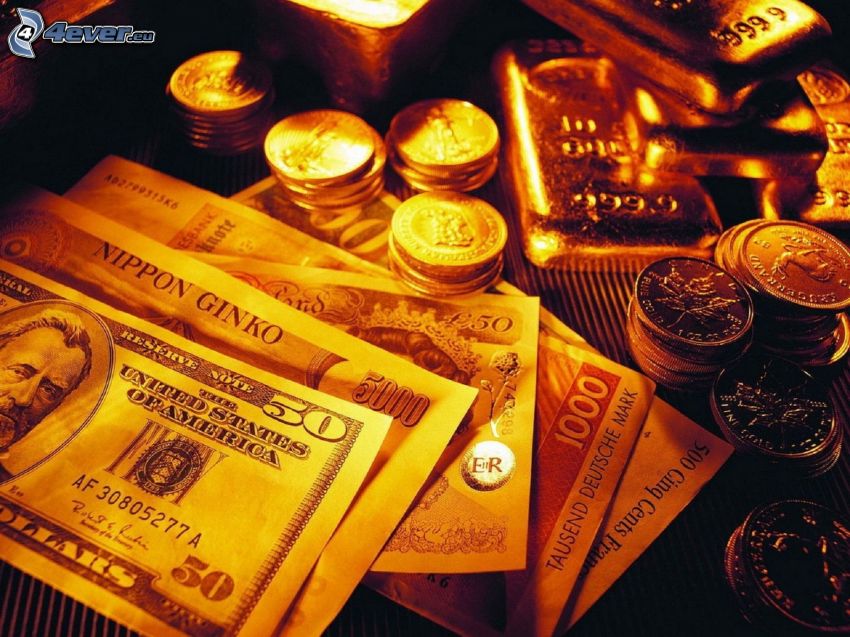 pénz, bankjegyek, érmék, aranyrudak