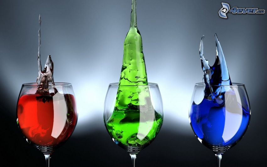 poharak, folyadék, piros, zöld, kék