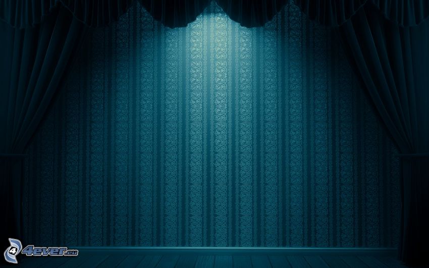 színpad, függöny, fal, kék háttér