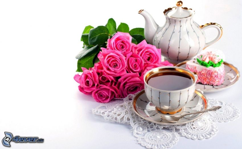 tea, teáskanna, rózsacsokor, rózsaszín rózsák