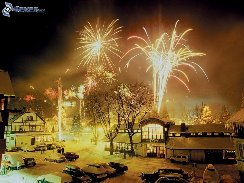 tűzijáték, falu, új év