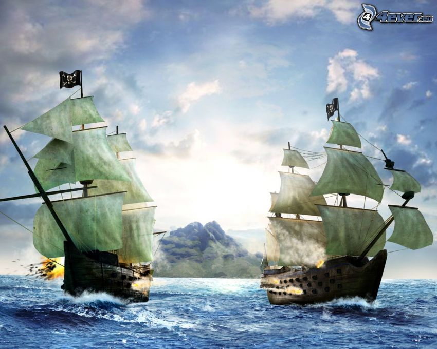 vitorláshajók, tenger, felhők, csata