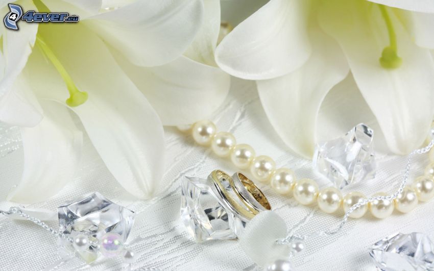 jegygyűrűk, liliomok, fehér virágok, gyöngy nyaklánc, gyémántok
