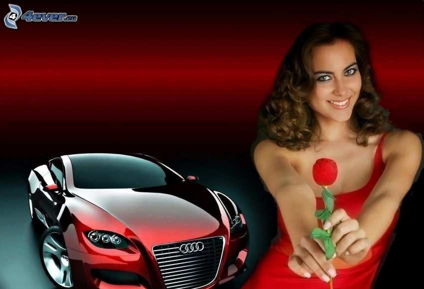 barnahajú, piros ruha, vörös rózsa, Audi