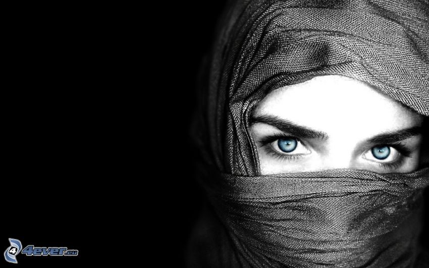 fátyol, arab nő, kék szemek