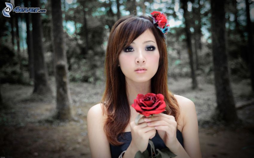 kínai nő, rózsa, erdő