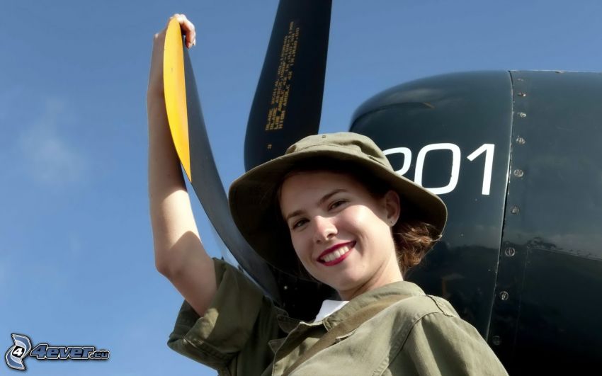 lány, kalap, mosoly, propeller