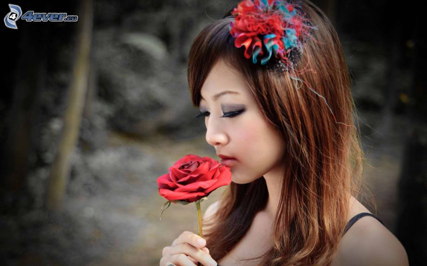 ázsiai nő, vörös rózsa