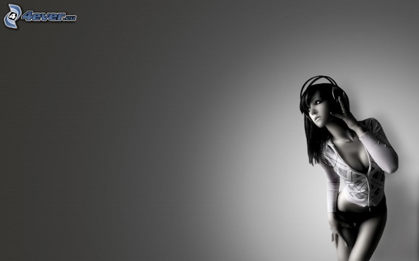 lány fühallgatóval, fekete-fehér kép