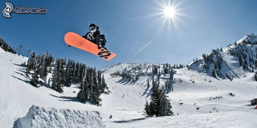 snowboardos, snowboard ugrás, dombok, fák, hó, nap