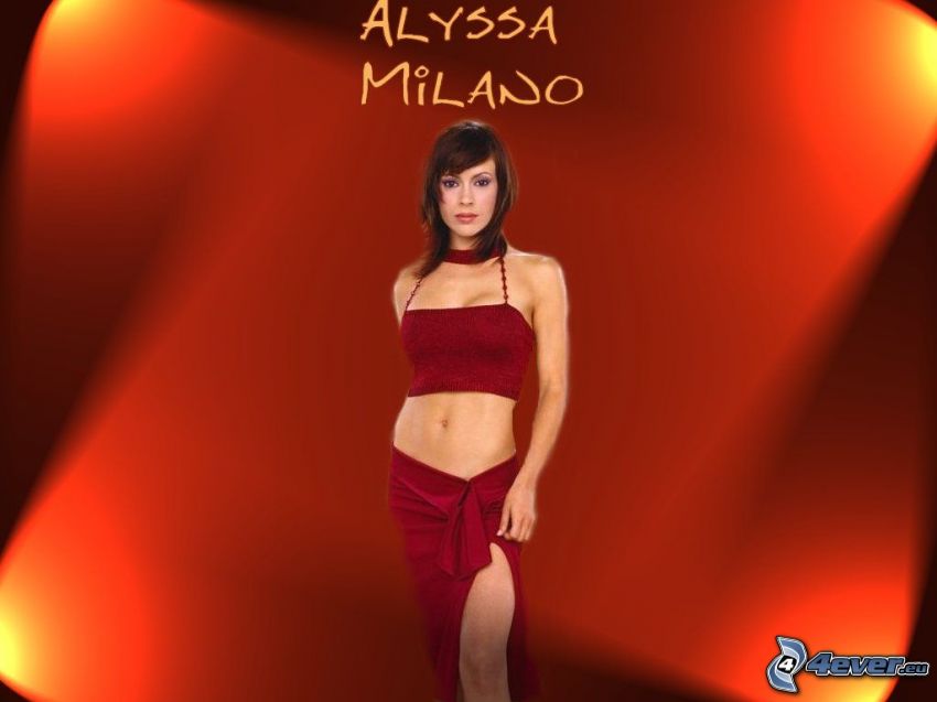 Alyssa Milano, színésznő, Phoebe, boszorkányok, Charmed, barnahajú nő, piros szoknya, póló