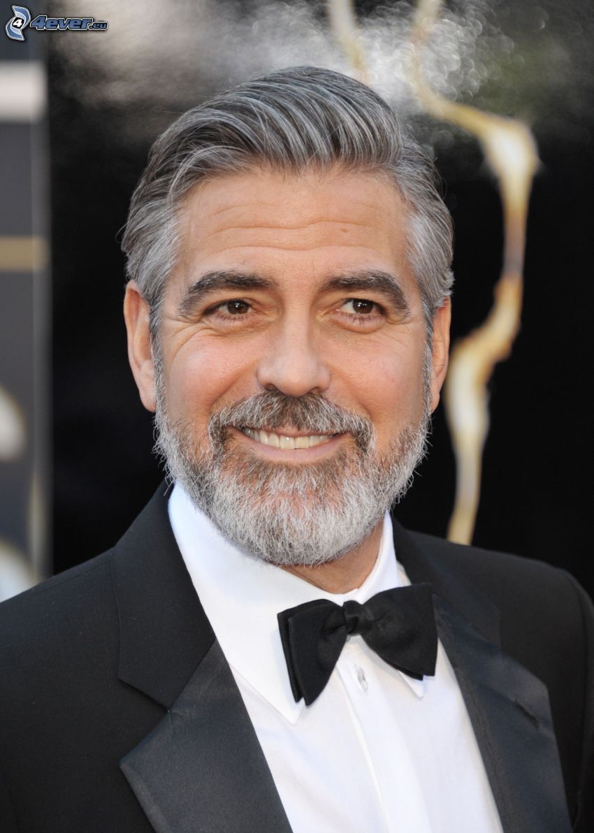 George Clooney, férfi öltönyben, csokornyakkendő, mosoly, bajusz