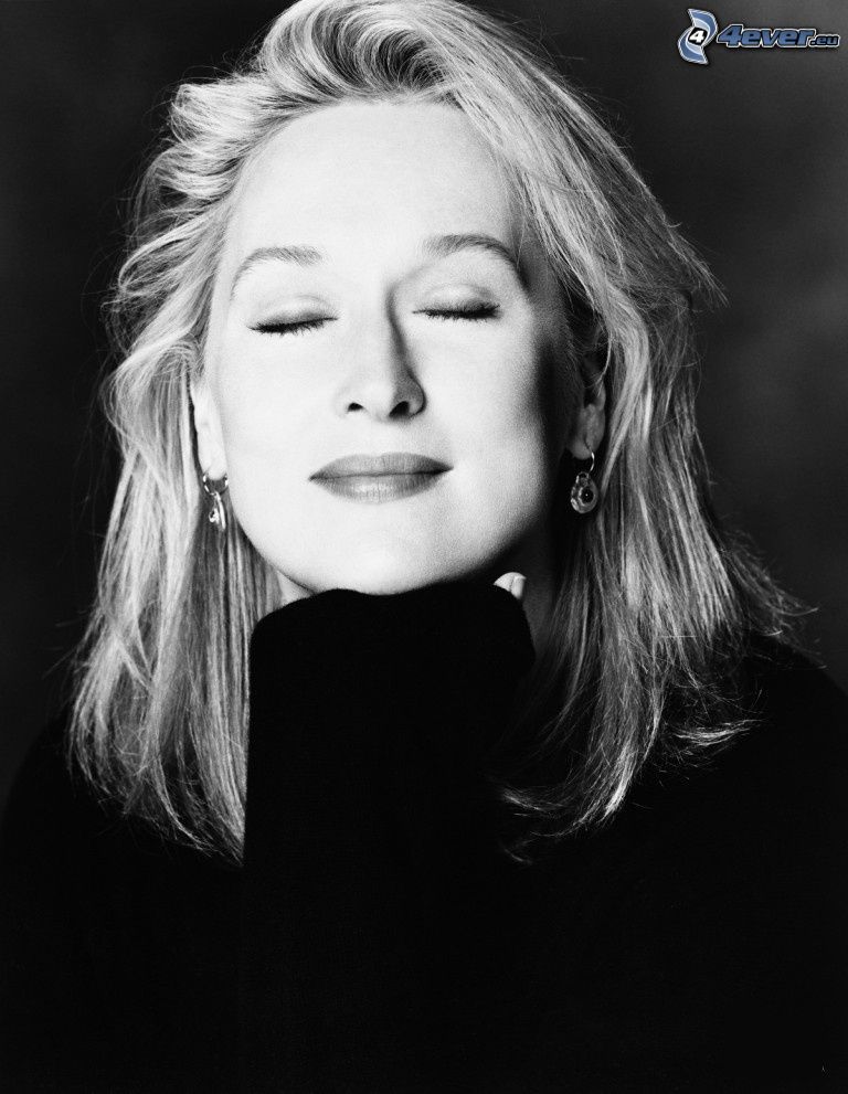 Meryl Streep, fekete-fehér kép, álmodás