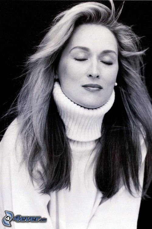 Meryl Streep, fekete-fehér kép, álmodás