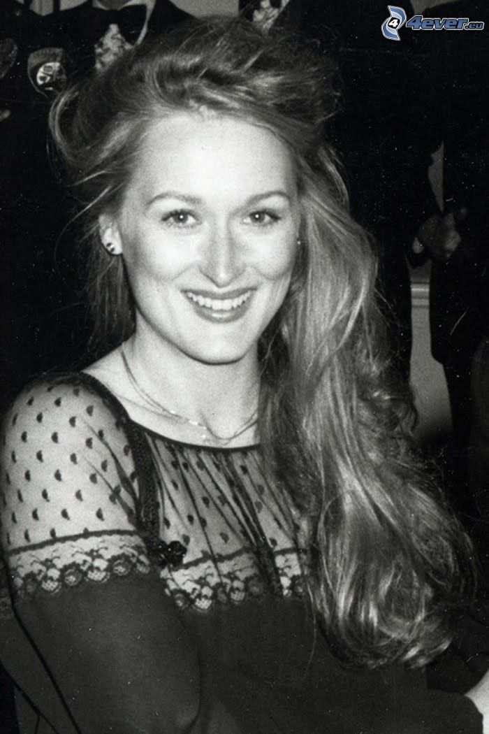 Meryl Streep, mosoly, fekete-fehér kép