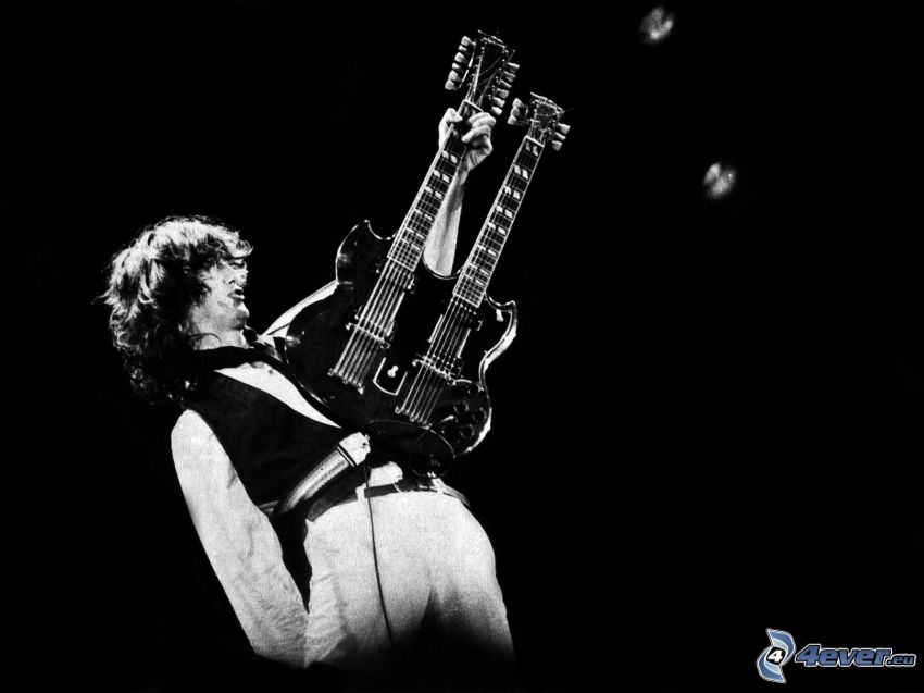Jimmy Page, gitáros, fekete-fehér kép