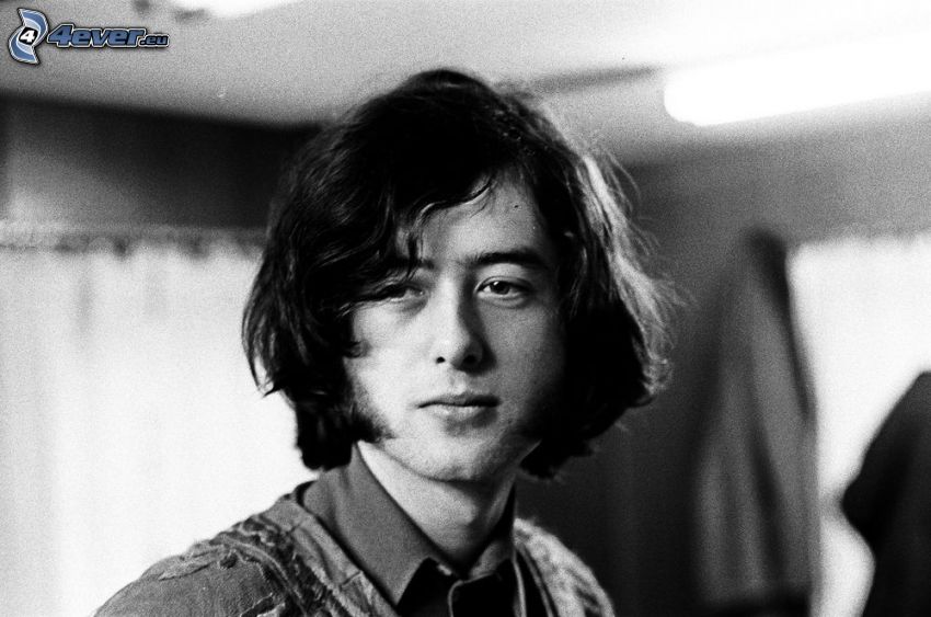 Jimmy Page, gitáros, fiatalon, fekete-fehér kép