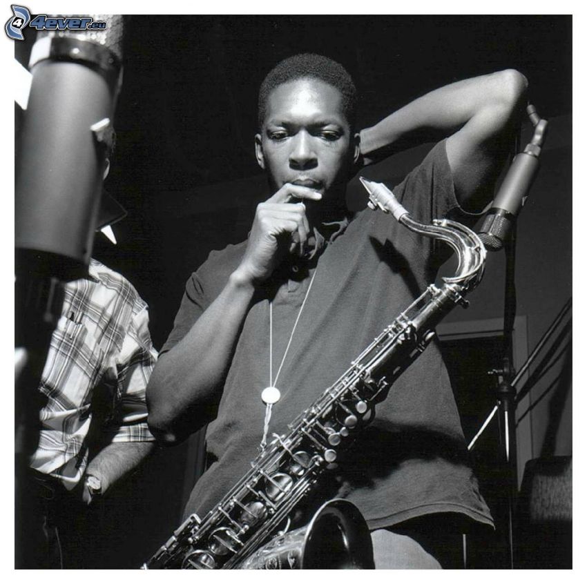 John Coltrane, szaxofonos, fekete-fehér kép