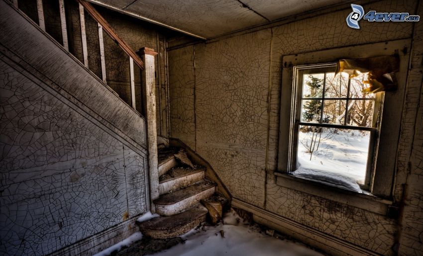 elhagyatott ház, régi ház, régi ablak, régi lépcsők, repedt fal, HDR