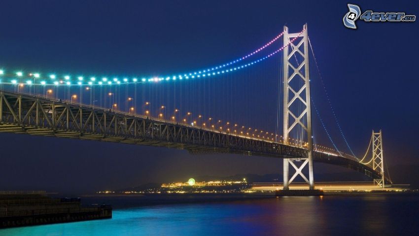 Akashi Kaikyo Bridge, kivilágított híd, éjszaka