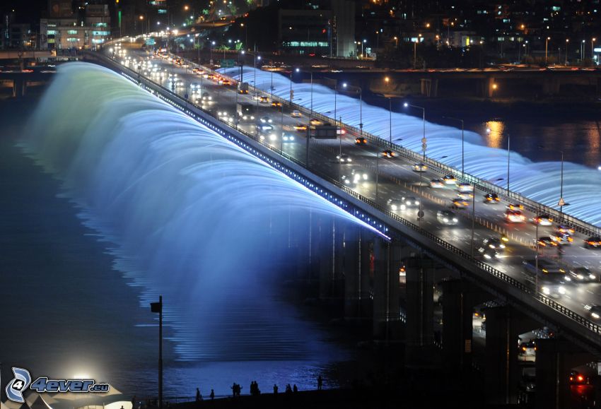Banpo Bridge, kivilágított híd, szökőkút, éjszakai város