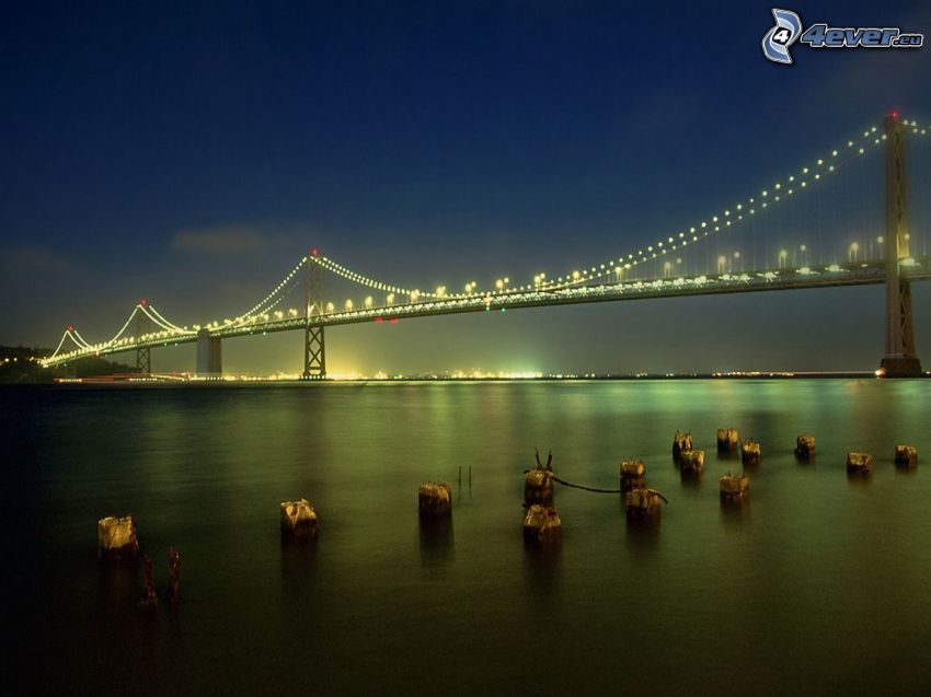 Bay Bridge, San Francisco, kivilágított híd, sötétség, víz