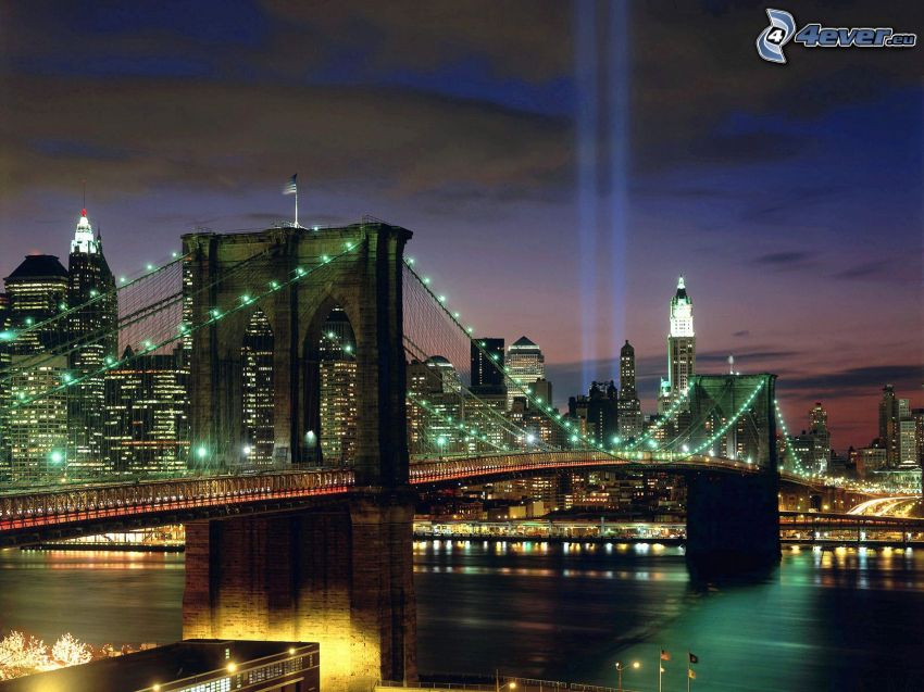 Brooklyn Bridge, New York, WTC memorial, város, fények, éjszaka