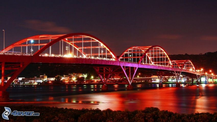 Guandu Bridge, kivilágított híd, éjszaka