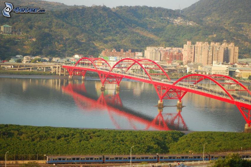 Guandu Bridge, Taiwan, hegyvonulat, visszatükröződés