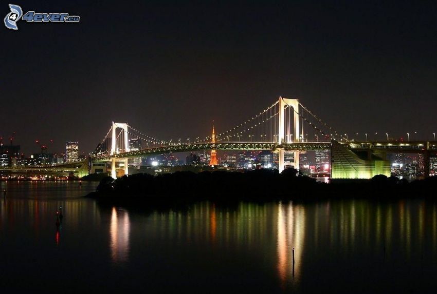 kivilágított híd, folyó, éjszaka