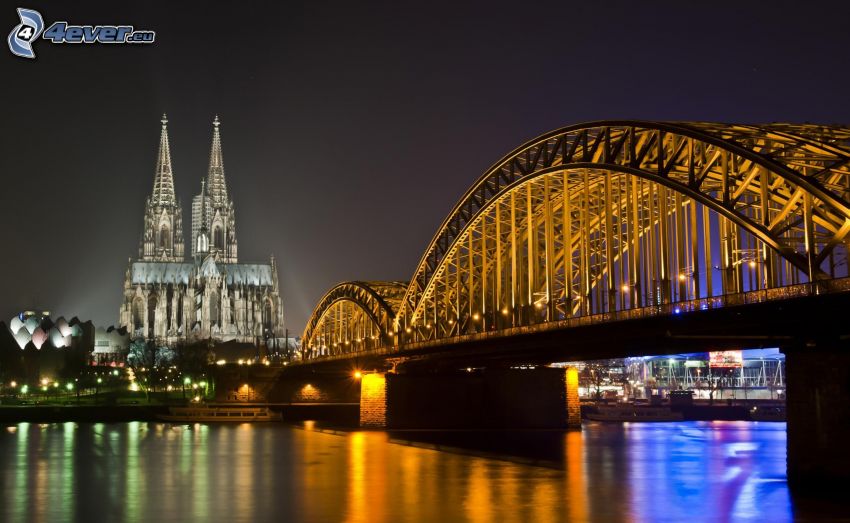 Kölni dóm, Köln, híd, templom, éjszaka, folyó