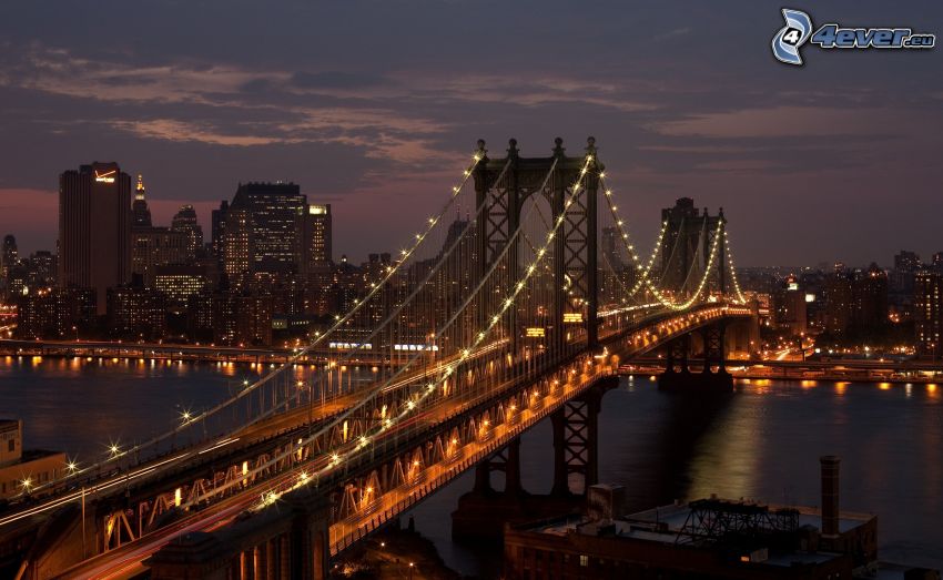 Manhattan Bridge, kivilágított híd, éjszakai város