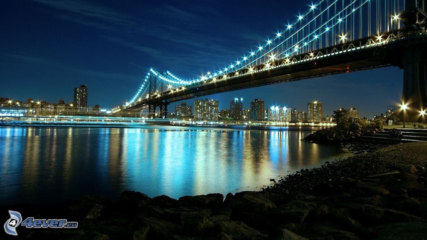 Manhattan Bridge, Manhattan, éjszakai város, kivilágított híd